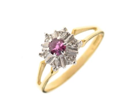 18ct gold, ruby and diamond cluster ring, size Q½, 3.7g gross approx Condition: **Due to current lockdown conditions, bidders