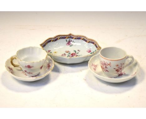 Two Chinese Export porcelain cups and saucers decorated in puce camaieu, together with a European hard-paste porcelain dish, 