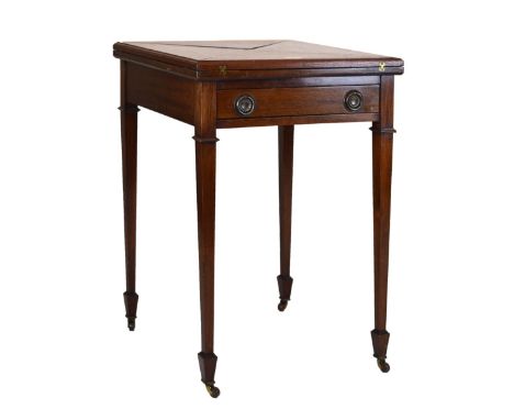 Early 20th Century mahogany envelope card table, fitted one frieze drawer on square tapered supports terminating in spade fee