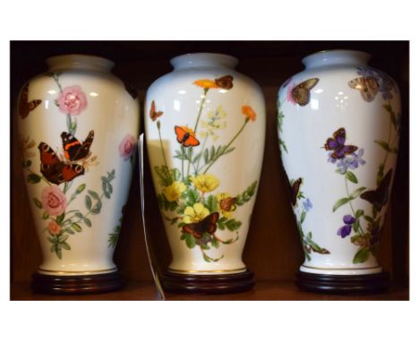 Three John Wilkinson limited edition vases for Franklin porcelain - The Country Garden Butterfly vase, The Alpine Butterfly v