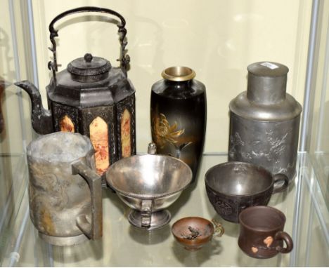 Quantity of various Asian metal items to include pewter tankard dated 1946, tea caddy, metal lined wooden cup etc Condition: 