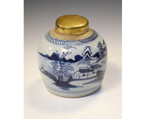 19th Century Chinese provincial ginger jar with associated metal cover, 18cm high overall Condition: Chip to neck, metal cove