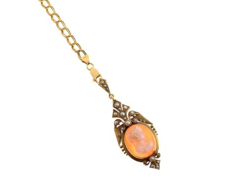 Yellow metal shell cameo and seed pearl pendant, together with a double curb link necklace stamped 9kt, 14.2g gross approx Co