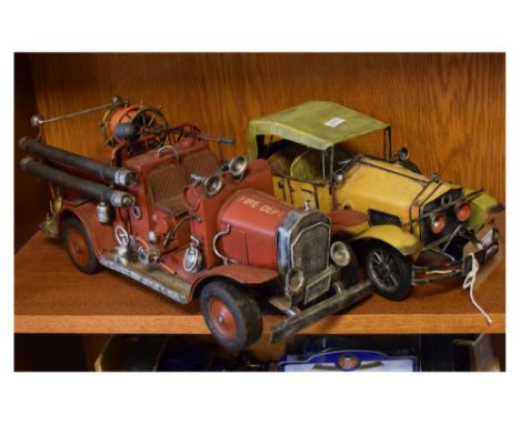 Tinplate reproduction vintage-style American fire truck, 34cm long, together with a tinplate reproduction yellow motor car, 2