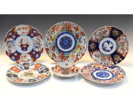 Group of 19th Century and later Japanese Imari decorated porcelain to include, four lobed dishes, plates, etc, 24cm diameter 