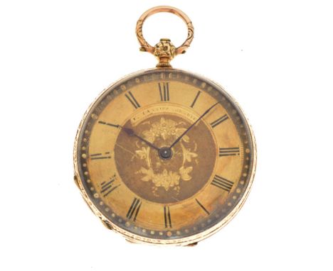 Gentleman's yellow metal full hunter pocket watch having central foliate decoration, case stamped 18k, 31g gross approx, with