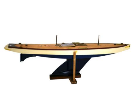 Large wooden pond yacht 'Blue John', 25cm x 99cm long approx Condition: Various paint chips and scratches in places, not test