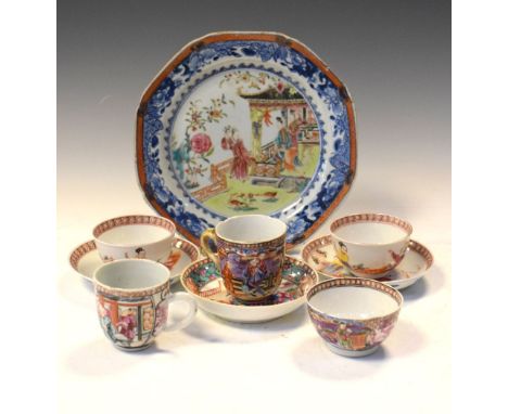 Eight items of late 18th/early 19th Century Chinese Canton Famille Rose porcelain, comprising a plate decorated with a court 