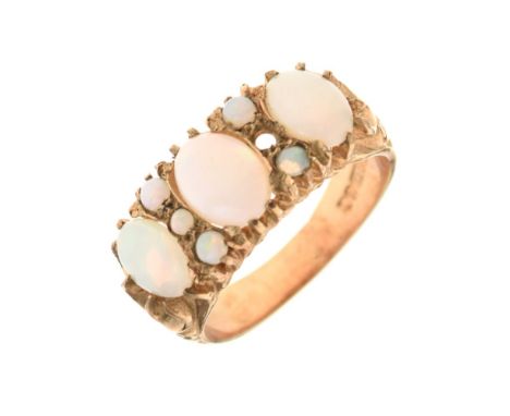 9ct gold and opal dress ring, size Q, 5.1g gross approx Condition: One small opal missing, stones are unbacked - **Due to cur