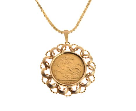 Gold Coin - George V sovereign 1913, together with 9ct gold pendant frame and fancy-link chain, 18g approx Condition: **Due t