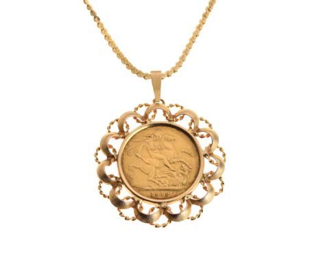 Gold Coin - George V sovereign 1913, together with 9ct gold pendant frame and fancy-link chain, 18g approx Condition: **Due t