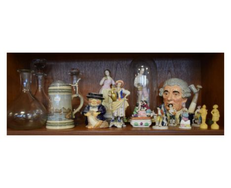 Quantity of ceramics and glass to include; Royal Doulton character jug, Continental figures, glass dome etc Condition: Please