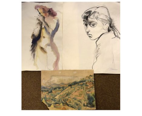 Edmund Pielmann - Charcoal study - Portrait of a young girl, signed and with Ateleier stamp together with Lena, Pilichowski -