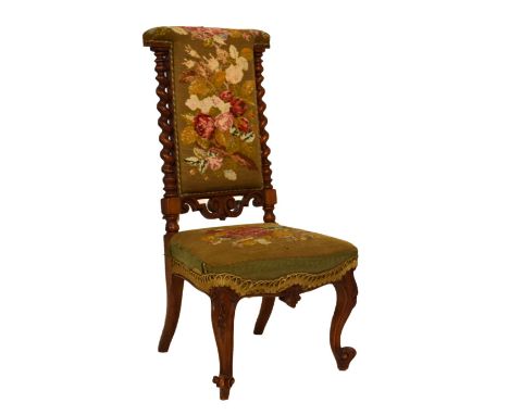 Late Victorian mahogany prie-dieu chair with needlework covering Condition: While structurally sound the back does bend a bit