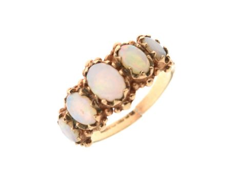 9ct gold dress ring set five graduated oval opals, shank split, 3.7g gross approx Condition: Stones appear to be in good orde