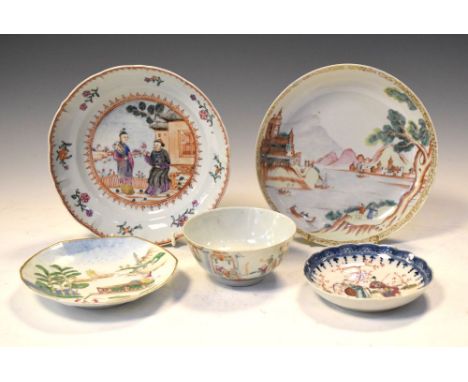 Five items of 18th and 19th Century Chinese Export porcelain, comprising a dish decorated with a port scene, a bowl decorated