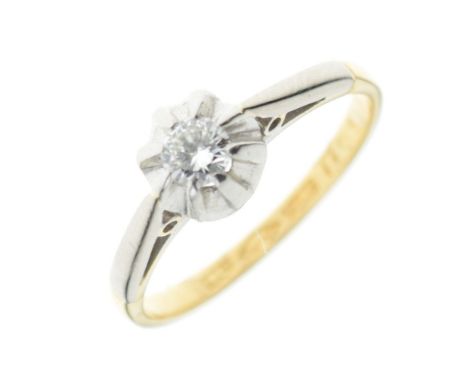 Yellow metal, platinum and diamond dress ring with single stone, shank stamped 18ct and Plat, size J, 2.6g gross approx Condi