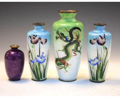 Chinese cloisonne enamel shouldered vase decorated with a mythical dragon, two Iris decorated vases, etc, 18cm high and small