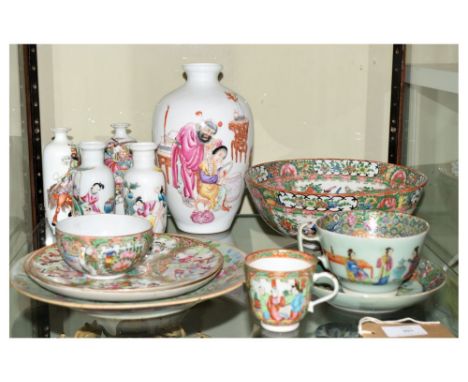 Group of late 19th/early 20th Century Chinese Canton Famille Rose porcelain, comprising a bowl, four plates, breakfast cup an