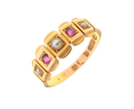 Victorian 15ct gold, ruby and seed pearl dress ring, Birmingham 1878, size P, 3.2g gross approx Condition: Has been re-sized 