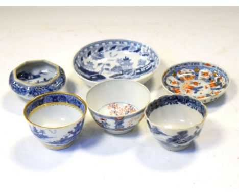 Quantity of under glazed blue and white tableware including tea cups and salt Condition: The salt has a hairline crack runnin