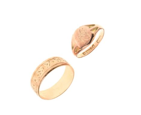 9ct gold wedding band with engraved exterior, size R, together with a 9ct gold signet ring, size L, 5.4g approx (2) Condition