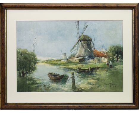 TOM TERRIS (SCOTTISH exh 1897 - 1940), WINDMILLS WITH A MOORED BOAT AND FIGURES watercolour on paper, signed 34cm x 50cm Moun