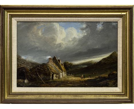SCOTTISH SCHOOL, FIGURES IN A HIGHLAND LANDSCAPE oil on board 20cm x 27cm Framed