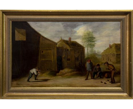 AFTER DAVID TENIERS (FLEMISH 1610 - 1690), FIGURES PLAYING BOWLS oil on canvas 30cm x 55cm Framed