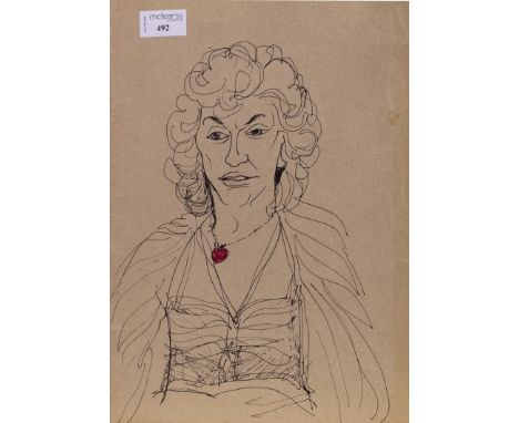 * ALASDAIR GRAY (SCOTTISH 1934 - 2019), UNTITLED PORTRAIT OF A LADY WITH RED NECKLACE pen on card 35cm x 24cm Unframed