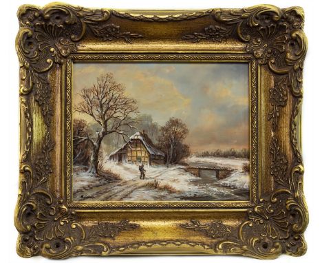 R LORALY, CONTINENTAL RIVER SCENE IN WINTER oil on board 19cm x 24cm Framed