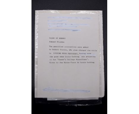 BLUNDEN (Edmund):&nbsp;holograph manuscript poem 'Pains of Memory', black ink on ruled notepaper, numerous pencil amendments 