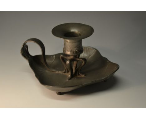 An Orivit Art Nouveau pewter chamber stick, as a stylised lily pad, design no.2328, 15cm wide, c.1905
