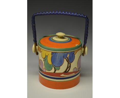 A Clarice Cliff Fantasque Bizarre Trees and House pattern biscuit barrel and cover, hand painted with ballon trees in shades 