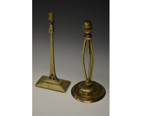 An Art Nouveau brass table lamp, divided bowed three-pillar column, circular base, 31cm high, c.1920; another, Secessionist, 