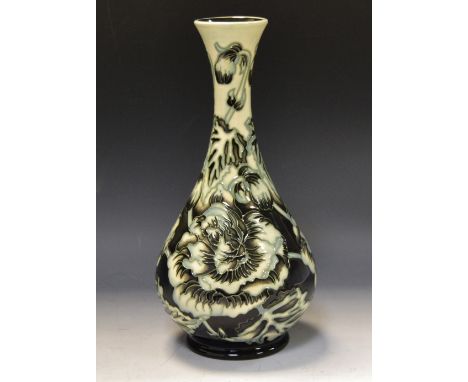 A contemporary Moorcroft The Connoisseur Collection June 2004 bottle vase, tube lined with large flowerheads in tones of blac