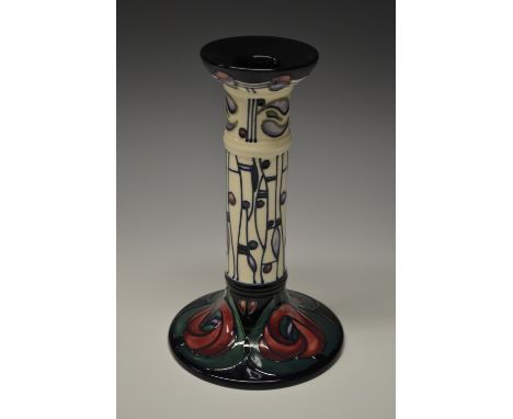 A contemporary Moorcroft Macintosh Rose pattern candlestick, tube lined with stylised roses and foliage, in colours, 21cm hig