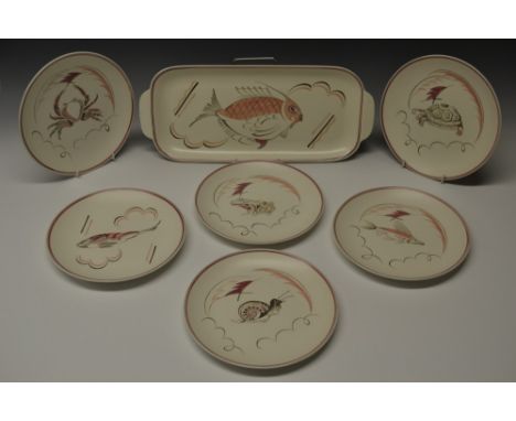 A Poole service, comprising rounded rectangular serving dish and six circular plates, each decorated in tones of pink and bla