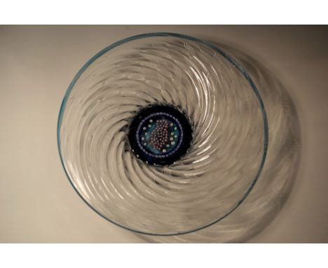 Caithness Glass - a white ribbon latticino and millefiore Owl plate,designed by Colin Terris, made by Franco Toffolo, central
