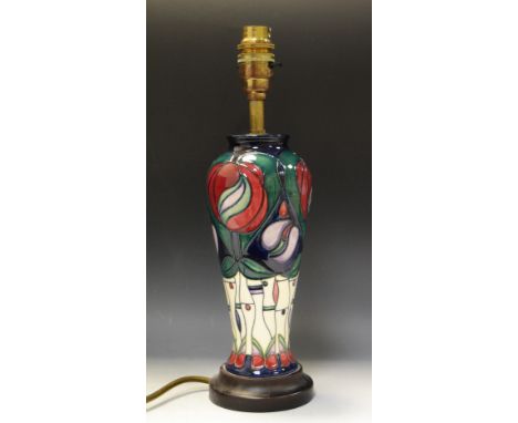 A  contemporary Moorcroft Mackintosh pattern baluster lamp base, designed by Rachel Bishop,  tubelined with bold peony rounde