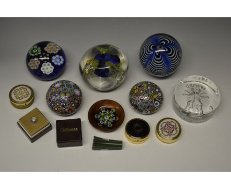 Paperweights - clear glass Gemini weight; millefiori on blue ground; two unfinished millefiori weights; related materials inc
