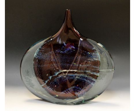 A Mdina studio glass fish vase, designed by Michael Harris, of axehead shape, with swirls in brown and mustard, 24cm high, c.