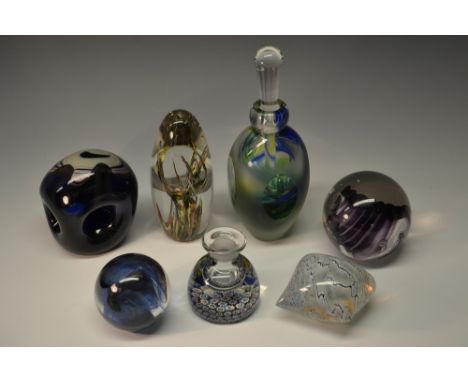 Paperweights - blue swirl Dutch Pfeiffer weight; St. Tudy drop shaped weight; close-packed millefiori perfume bottle; faceted