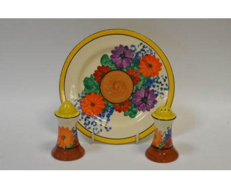 A two-piece Clarice Cliff Bizarre Gayday pattern salt and pepper pots,  brightly decorated with flowerheads, in colours, band
