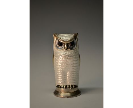 A Norwegian silver and engine turned enamel stylised miniature Snowy owl pepper, by David Anderson, perched with folded wings