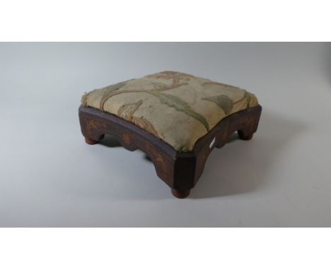 An Inlaid Rosewood Square Stand with later Applied Tapestry Upholstery and Turned Feet 