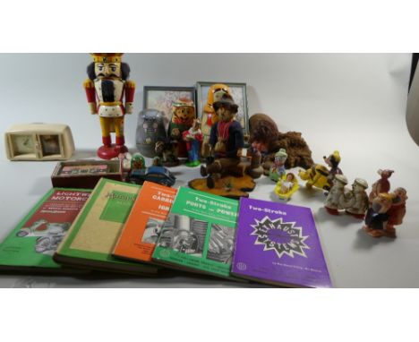 A Tray of Curios to Include Russian Dolls, Vintage Alarm Clock, Monkey Glove Puppet, Children Prints Etc