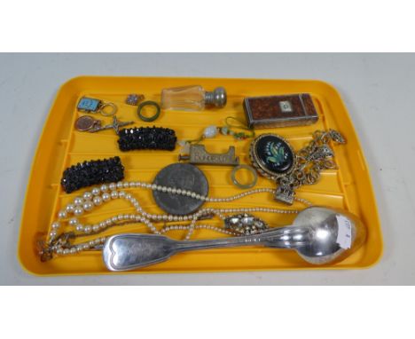 A Tray of Curios to Include Scent Bottle, Medallion, Crucifix, Cigarette Lighter, Costume Jewellery   