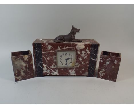 An Art Deco French Clock Garniture, In Red and Black Marble with Seated Alsatian Dog Finial, Movement in Need of Attention an