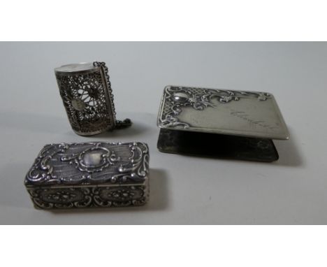 A Silver Filigree Vinaigrette Dated 1888, a Silver Match Box Holder and a Small Continental Silver Snuff Box 